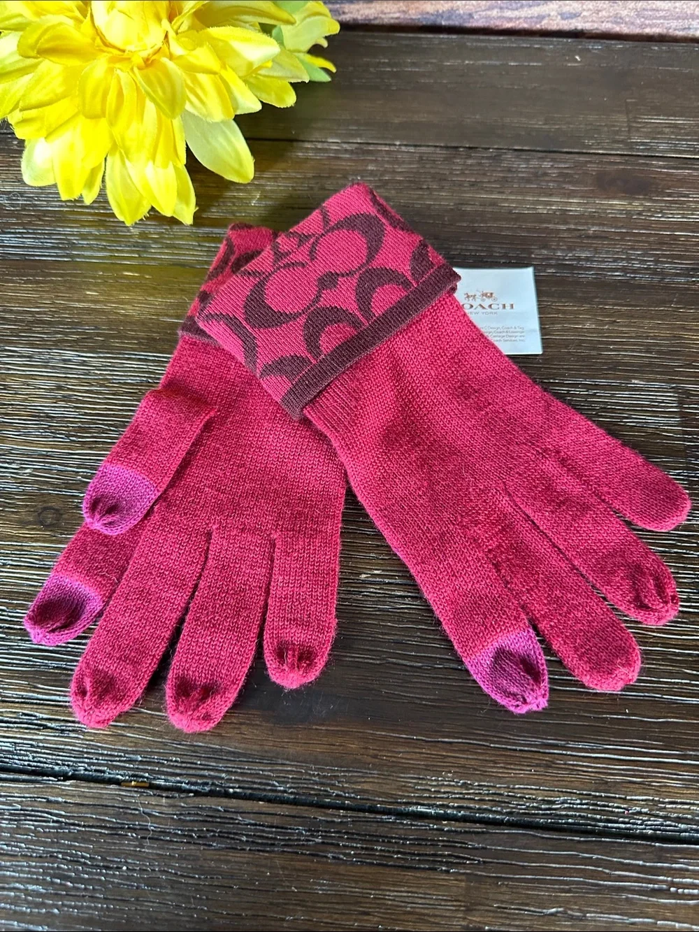 NWT! Coach Pink Logo Knit Touchscreen Gloves